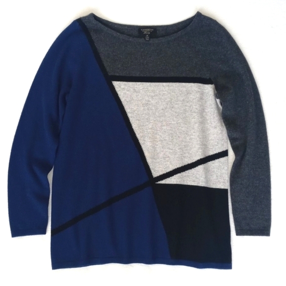 Charter Club Cashmere Royal Blue Heathered Greys Black Abstract Motif Sweater - Picture 5 of 15
